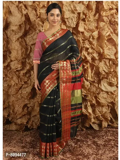 WoodenTant Handloom Cotton Silk Zari Saree In Black & White