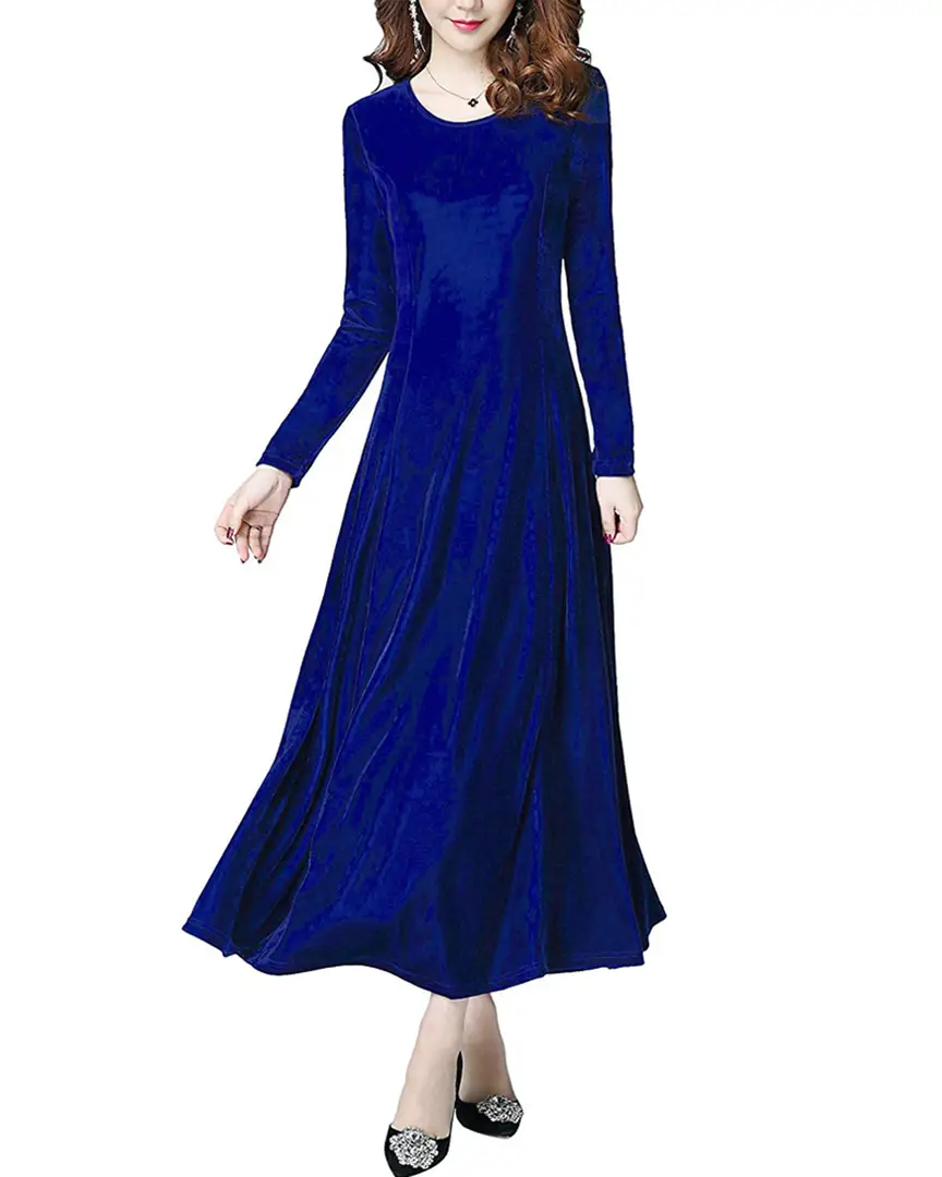 Women's Royal Blue Plain Velvet Maxi Dress