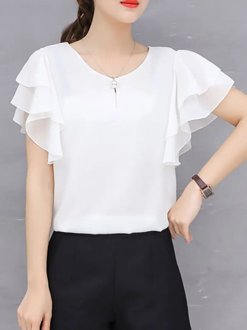 womens white ruffle sleeve top