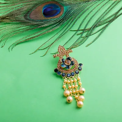 Traditional Gold Plated Antique Peacock Colour Diamond Studded Pearl Drop Designer Wedding Brooch