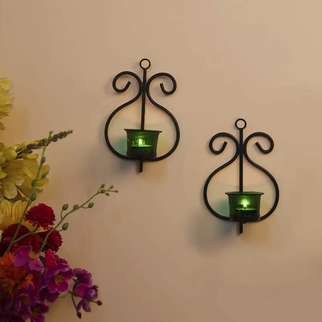 Stylish Green Glass Iron Tealight Candle Holder Wall Hanging Pack Of 2