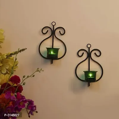 Stylish Green Glass  Iron Tealight Candle Holder wall Hanging(Pack Of 2)