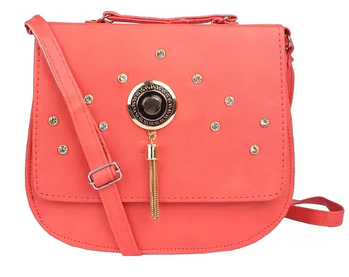 Faux Leather Peach Embellished Magnetic Snap Crossbody Bag
