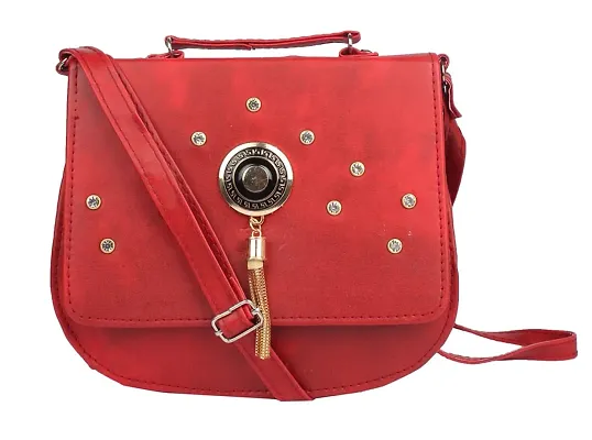 Faux Leather Red Embellished Magnetic Snap Crossbody Bag
