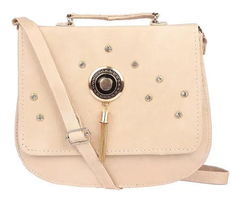 Faux Leather Cream Embellished Magnetic Snap Crossbody Bag