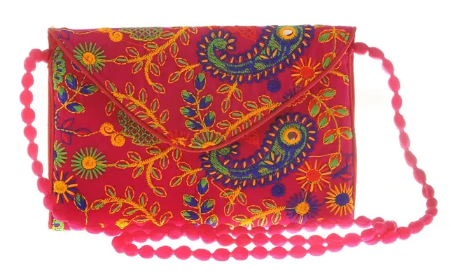 Cloth/textile/fabric Pink & Multi Magnetic Snap Embroidered Sling Bag