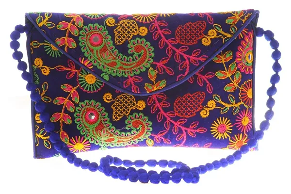 Cloth/textile/fabric Embroidered Blue & Multi Magnetic Snap Crossbody Bag For Women