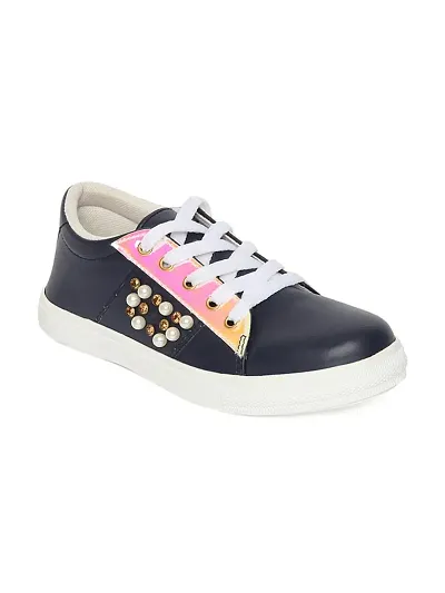 Broad Toe Navy Blue Comfortable Flat Sneakers For Women