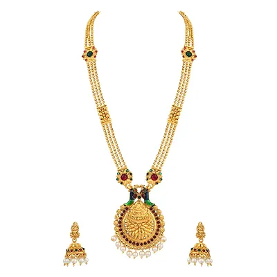 22K Gold Long Necklace & Drop Earrings Set with Uncut Diamonds,Ruby,  Emerald & South Sea Pearls - 235-DS475 in 87.700 Grams