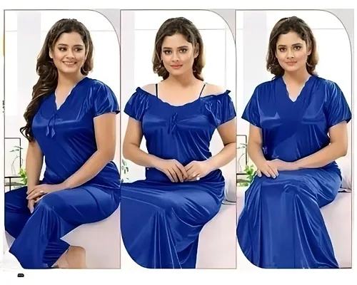 Satin 4 piece nighty set for women purple
