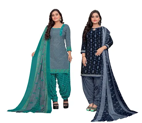 Elegant Multicoloured Cotton Floral Print Dress Material with Dupatta For Women Combo Of 2