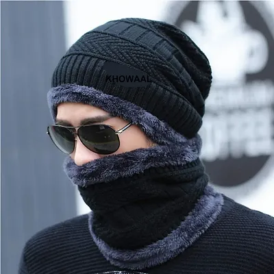 Winter Cap With Round Muffler Black Colour Random Colour Muffler Free size