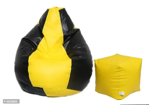 Leatherette Bean Bag Cover and Puffy Cover (Without Beans, Cover Only) Yellow  Black-thumb0