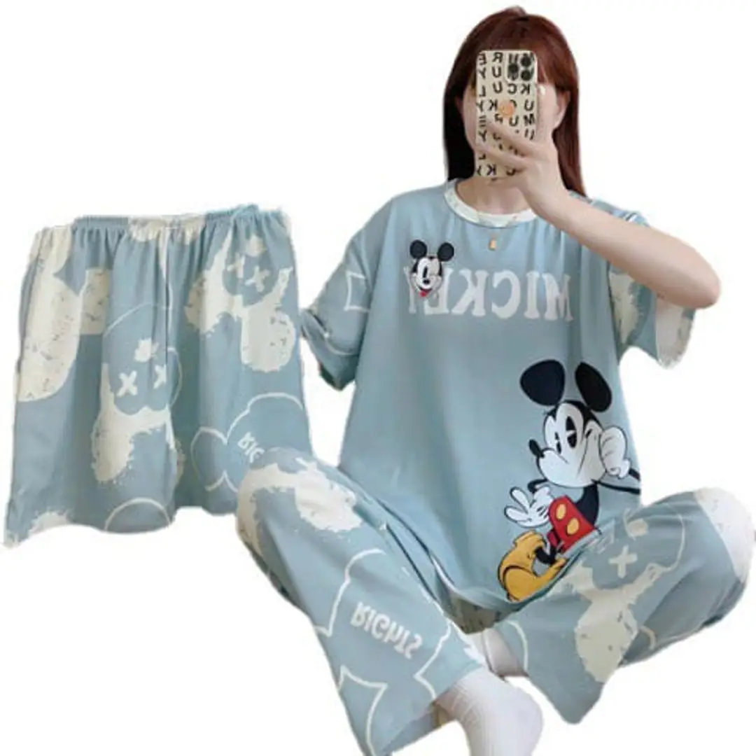 New Launched Imported 3 PC Night Suit Set For Women Tops Pajamas And Shorts