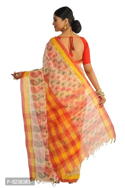 Women's Bengali Pure Cotton Handloom Tant Saree (Off-white -Red ||Without  Blouse)