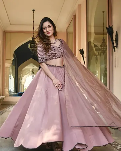 Embellished Coral Pink Chinon Silk Semi Stitched Lehenga Set |  Mandakini-101 | Cilory.com