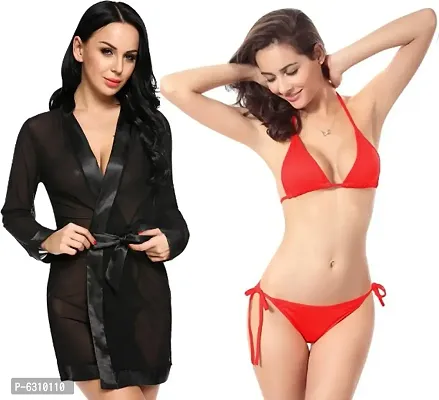 Buy Women Babydoll 1 Net Robe And 1 Satin Lingerie Bikini (bra