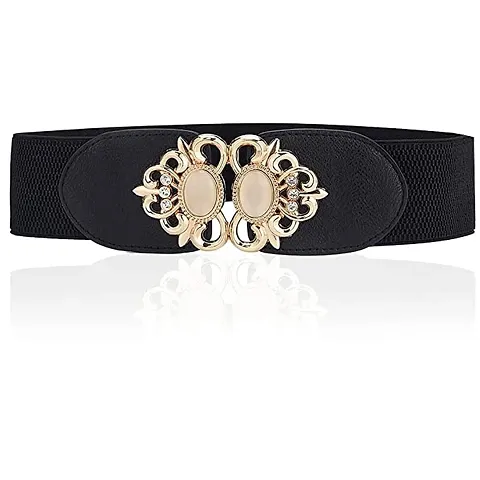 SYGA Women Cinch Belt, PU Leather Stretchy Waist Belt with Pearl Studded Metal Buckle, Retro Style, 25-35 Inch