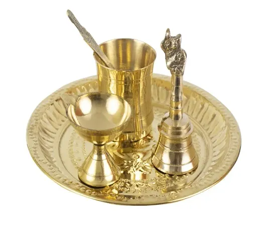 Traditional Handcrafted Brass Thali/Aarti Plate for Pooja Combo