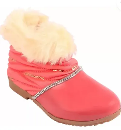 Synthetic Leather Pink Self Design Boots For Girls
