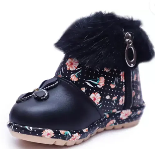 Synthetic Leather Black Printed Boots For Girls