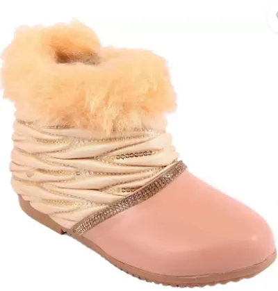 Synthetic Leather Peach Self Design Boots For Girls