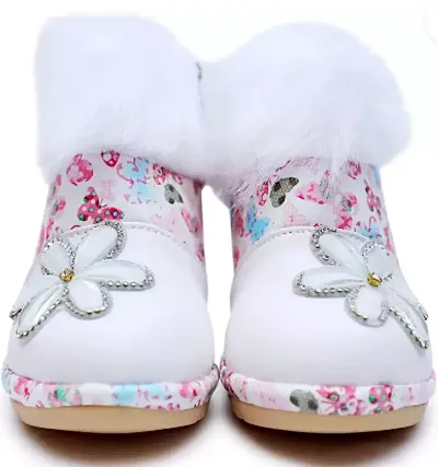 Synthetic Leather Off White Printed Boots For Girls