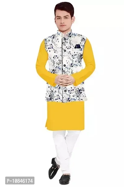 Trendy Cotton Yellow Long Sleeves Kurta With Pajama And Ethnic Printed Nehru Jacket For Men