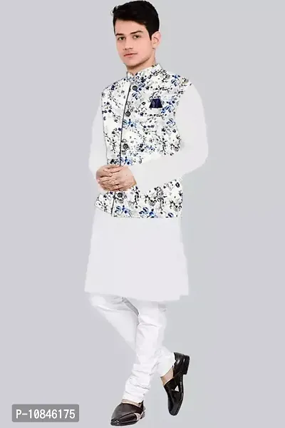 Trendy Cotton White Long Sleeves Kurta With Pajama And Ethnic Printed Nehru Jacket For Men-thumb0