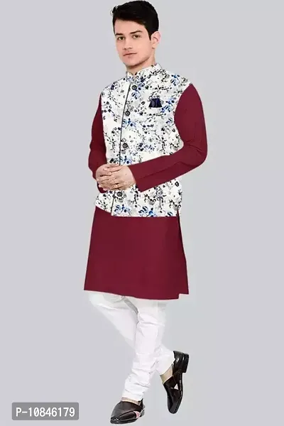 Trendy Cotton Maroon Long Sleeves Kurta With Pajama And Ethnic Printed Nehru Jacket For Men