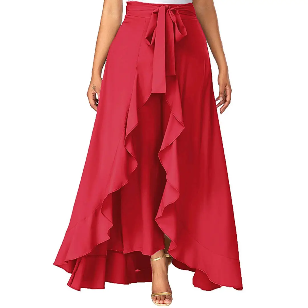 Women Solid Grey Waist TieUp Ruffled Maxi Skirt with Attached 