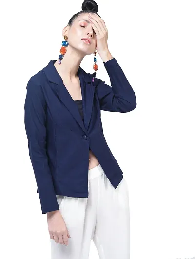 Contemporary Navy Blue Cotton Solid Wrap Coat For Women