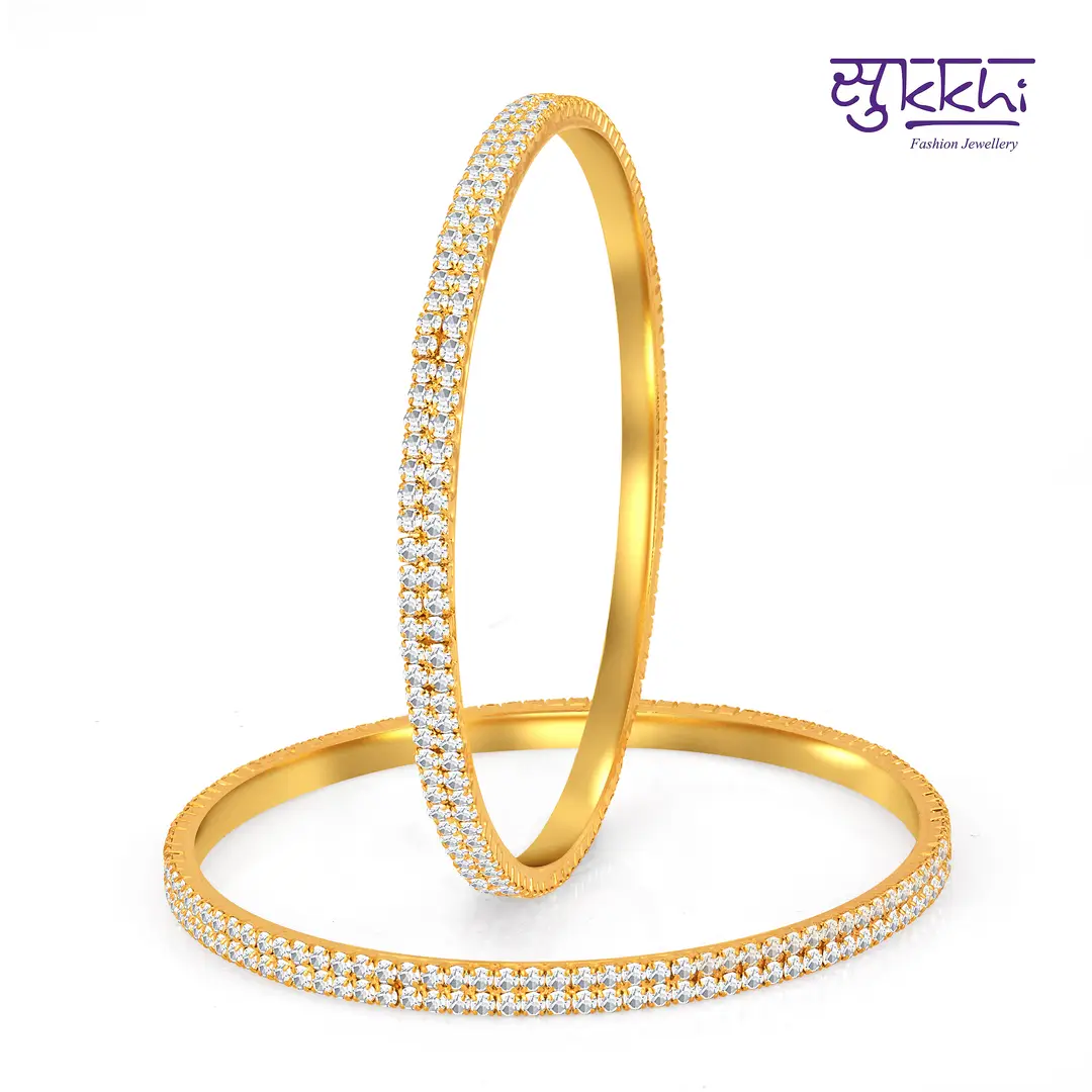 Glimmery Gold Plated Set OF 2 Australian Diamond Two Line Bangles