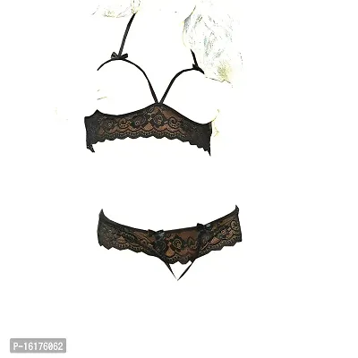 Psychovest Women's Sexy Lace Front Open Half Shoulder Bra and Panty Lingerie  Set Free Size