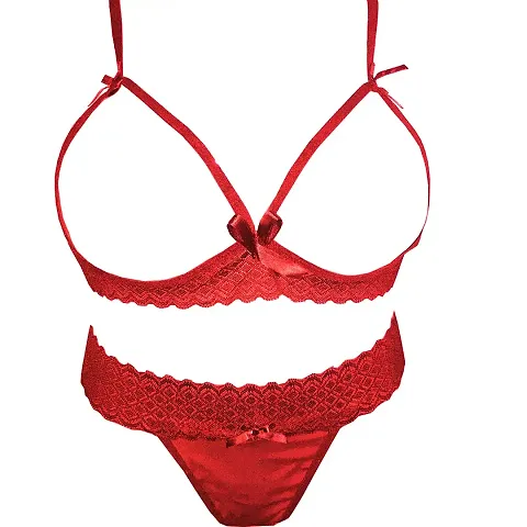 Lycra Cotton Red Sexy Lingerie Elegant Bra Panty Set, Mid at Rs