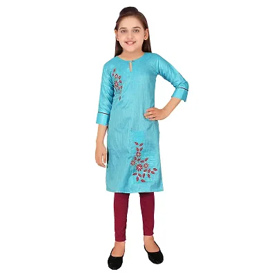 Buy Sevgi Girl's Cotton Embroidered Kurti with Leggings (4-5 Years) Beige  at