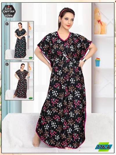 Stylish Fancy Satin Silk Geometric Printed Maxi Kaftan Nighty Gown For Wome