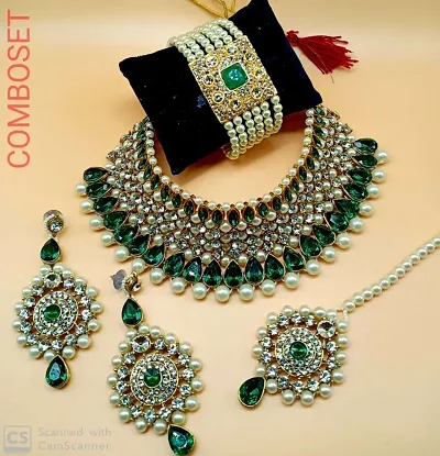 Pearl Crystal Kundan Choker Necklace Set With Bracelet
