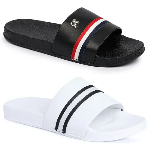 Shoe Mate Latest Sandal Men's Black  White , Grey Slippers Combo Pact of 2 Flip-Flops