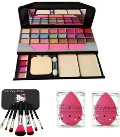 Makeup Kit with 7pc Makeup Brush and 2pc Makeup Blander Puff Pack of 4 Item