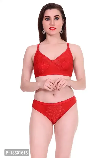 Buy AENIMOR Women's Cotton Bra Panty Lingerie Set (Red (Net Design