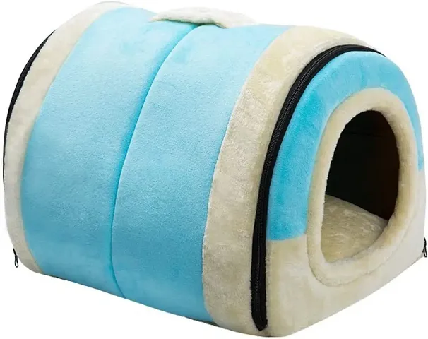 Crystal Velvet Cat Bed, Self-Warming 2 in 1 Foldable Cave House Shape Nest Pet Sleeping Bed for Cats, Light Blue