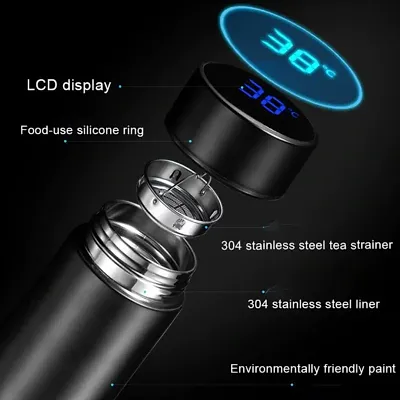  Smart Vacuum Insulated Water Bottle with Automatic LED  Temperature Display, Large Flask 500 ML Stainless Steel Drinking Cup  (Black): Home & Kitchen