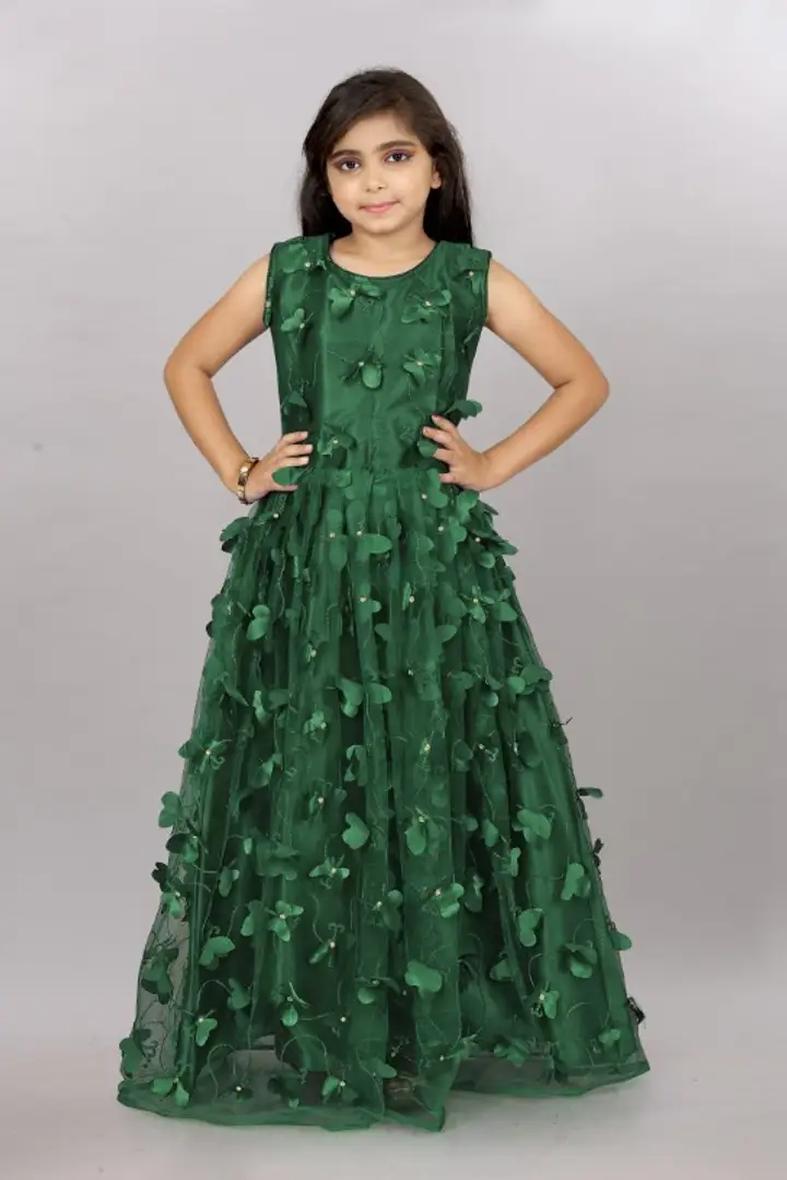 Green Net Long Frock | Birthday Party Dress Baby Kid Girl