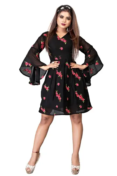 Floral Short Dress with Bell Sleeve