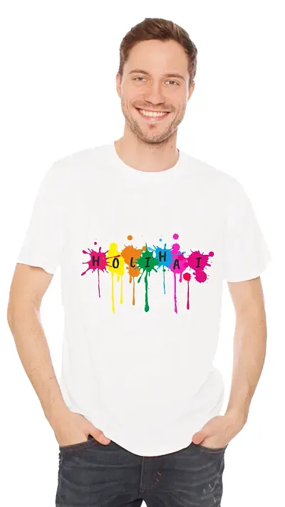 White Polyester Unisex Half Sleeve Printed Holi Special T-Shirt