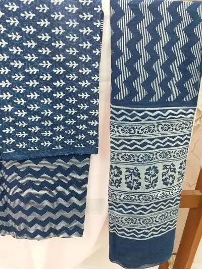 Indigo Hand Printed Cotton Dress Material For Women's