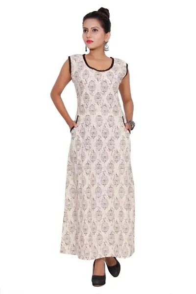 Elite Beige Cotton Printed Long Gown For Women