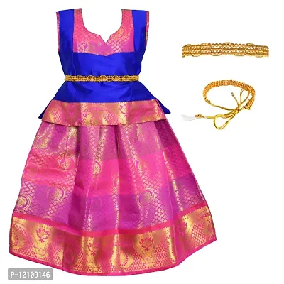 Indian Kanjiveram Half Saree With Organza Floral Dupatta Embroidery Blouse  | Parrot,Peach Colour lehenga Choli | Designer Bridal lehenga