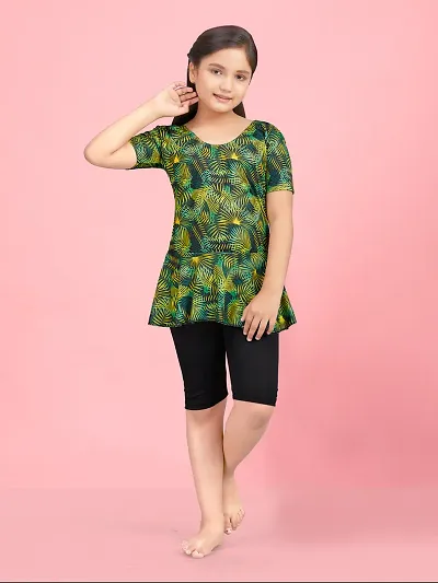 Aarika Girls Sports Wear Green Colour Leaf Print Nylon Swim Suit
